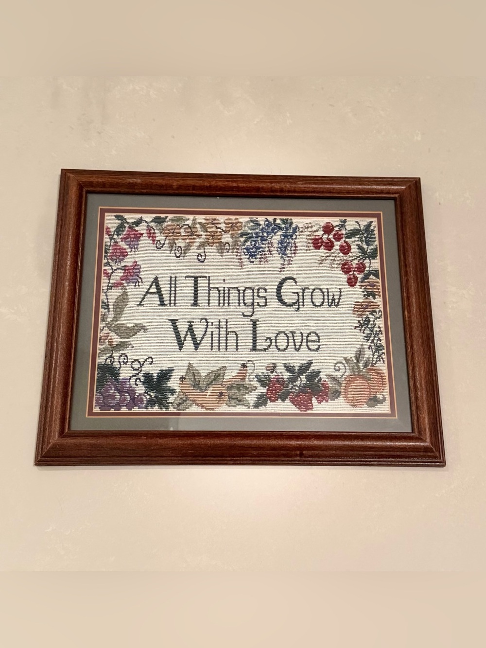 Framed Cross-Stitch Wall Art "All Things Grow With Love" 16x13 | Cottagecore